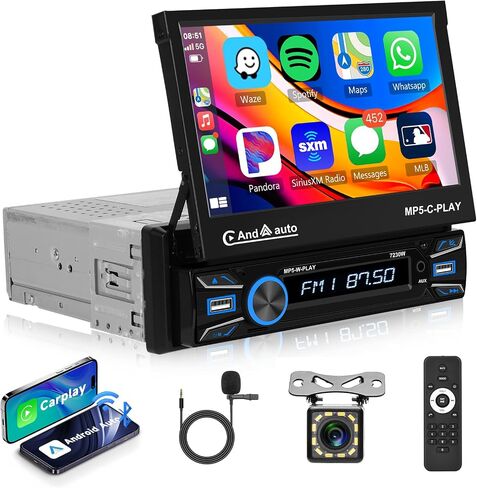 Hodozzy Single Din Flip Out Car Stereo Wireless Carplay Android Auto, 7 Inch Touch Screen Radio MP5 Player USB/TF/AUX in, FM Radio with Bluetooth Backup Camera Mirror Link in Kuwait