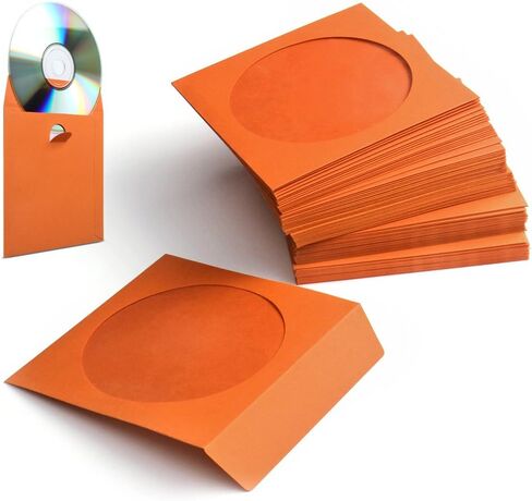 100 حزمة من أغلفة أقراص DVD من Flexzion - أغلفة أقراص مضغوطة ورقية ممتازة للأقراص المضغوطة الفارغة لحرق أقراص ألعاب الفيديو الموسيقية والأفلام - تخزين مغلفات الأقراص المضغوطة السميكة مع فتحة نافذة وغطاء، برتقالي in Kuwait
