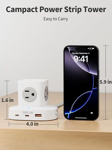 Tower Power Strip with 9 Outlets 3 USB (2 USB C), Surge Protector Tower 1250W/10A, 1700J, 5Ft Removable Multiple Outlets Power Strip Tower, Ideal for Dorms, Home Office, Travel, Hotels in Saudi Arabia