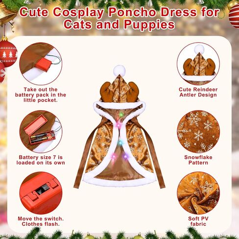 Christmas Reindeer Dog Costume Christmas Outfits with Colorful Light Dog Reindeer Cape Moose Cloak Cosplay Costume for Small Puppy Cat Kitten Christmas Party Dress, Batteries Not Included(Large) in Saudi Arabia