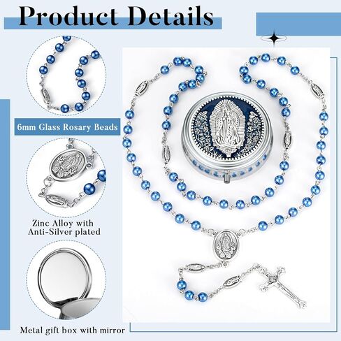 Jadive 24 مجموعة مسبحة كاثوليكية قلادة 6 مم زجاج لؤلؤ مطرز مع صندوق هدايا معدني للنساء والرجال هدية الصلاة (وردي) in Kuwait