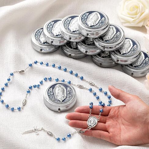 Jadive 24 مجموعة مسبحة كاثوليكية قلادة 6 مم زجاج لؤلؤ مطرز مع صندوق هدايا معدني للنساء والرجال هدية الصلاة (وردي) in Kuwait