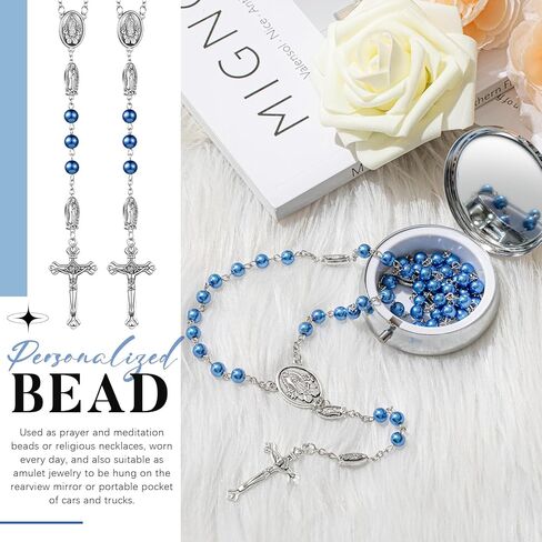 Jadive 24 مجموعة مسبحة كاثوليكية قلادة 6 مم زجاج لؤلؤ مطرز مع صندوق هدايا معدني للنساء والرجال هدية الصلاة (وردي) in Kuwait