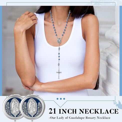 Jadive 24 مجموعة مسبحة كاثوليكية قلادة 6 مم زجاج لؤلؤ مطرز مع صندوق هدايا معدني للنساء والرجال هدية الصلاة (وردي) in Kuwait