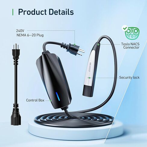 شاحن EVJUICION Tesla المستوى 1-2 EV لشاحن Tesla 110V-240V 16Amp WiFi/APP موصل للهاتف المحمول NEMA 6-20 Plug 5-15 محول سلك تمديد 20 قدم متوافق مع جميع موديلات Tesla 3/Y/X/S in Kuwait