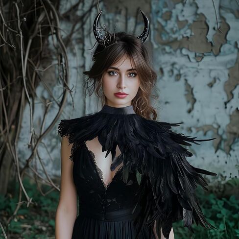 Black Feather Shawl for Women Masquerade Witch Wings Cape Halloween Maleficent Costume Collar Accessories in Kuwait