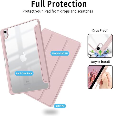 for iPad 10th Generation Case Folio - iPad Case 10th Generation with Pencil Holder Trifold Slim Stand Shockproof Protective Cover Clear Back, Auto Sleep/Wake, 10.9 Inch 2022, Pink in Saudi Arabia