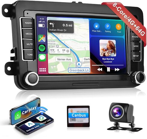 ستيريو سيارة WiFi/4G 8Core 4G+64G Android لراديو VW Passat Jetta Golf Touran مع FM/AM/RDS، CarPlay Android Auto اللاسلكي، شاشة Podofo 7 بوصة HD تعمل باللمس، 5.0 Bluetooth GPS، كاميرا احتياطية DSP Audio AHD in Saudi Arabia