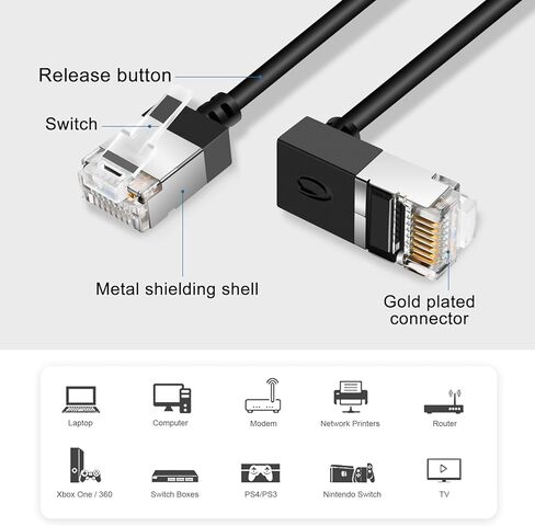 كابل إيثرنت رفيع للغاية بزاوية 90 درجة للأسفل بطول 3.3 قدم Cat6 - قطعتان. أسلاك Cat 6a LAN - متوافقة مع أجهزة الكمبيوتر والشبكات - أسود in Saudi Arabia