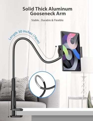 Tablet Stand Holder for Bed, Gooseneck Mount with Adjustable Flexible Arm Compatible with iPad Air Pro Mini, Samsung Tab, Nintendo Switch Kindle Other 4.7"-11" Device in Kuwait
