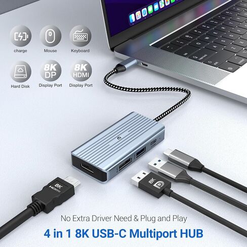 موزع USB C، Tymyp 4 في 1 USB C Hub، شاشة مزدوجة 8K@30 هرتز HDMI 8K@30 هرتز DP، USB 3.0، منفذ شحن USB-C PD بقدرة 100 واط، قاعدة توصيل 4 منافذ لأجهزة الكمبيوتر المحمولة وأجهزة التلفزيون عالية الدقة وأجهزة العرض والمزيد من الأجهزة من النوع C in Saudi Arabia