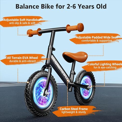 Colorful Lighting Toddler Balance Bike 2 3 Year Old,Balance Bike for Age 24 Months to 5 Years Old,12Inch Lightweight Steady Balancing Bike with Adjustable Handlebar&Seat,Birthday Gift for 2 3 4 5 Kids in Kuwait