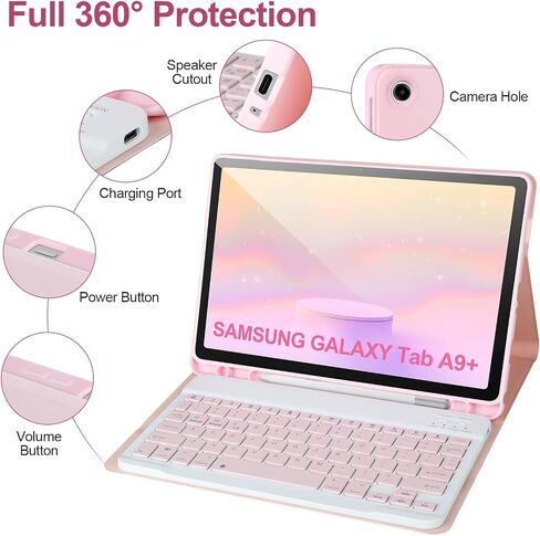 حافظة لوحة مفاتيح لجهاز Samsung Galaxy Tab A9+/Plus 11'' 2023(SM-X210/X216/X218)، حافظة مع لوحة مفاتيح لجهاز Samsung Tab A9+ مع حامل قلم S، لوحة مفاتيح بلوتوث قابلة للفصل لجهاز Galaxy A11 استيقاظ/غفو تلقائي، وردي in Saudi Arabia
