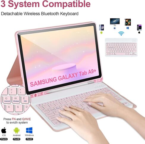 حافظة لوحة مفاتيح لجهاز Samsung Galaxy Tab A9+/Plus 11'' 2023(SM-X210/X216/X218)، حافظة مع لوحة مفاتيح لجهاز Samsung Tab A9+ مع حامل قلم S، لوحة مفاتيح بلوتوث قابلة للفصل لجهاز Galaxy A11 استيقاظ/غفو تلقائي، وردي in Saudi Arabia