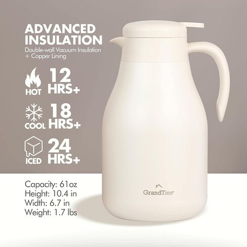 GrandTies 61oz Stainless Steel Thermal Coffee Carafe - Insulated Double Walled Vacuum Coffee Thermos, Coffee Pot, Hot Water Dispenser - Thermos for Hot Drinks, 12 Hour Heat Retention (Ivory White) in Saudi Arabia