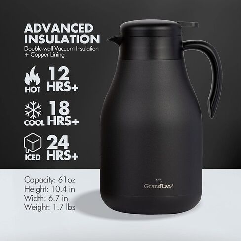 GrandTies 61oz Stainless Steel Thermal Coffee Carafe - Insulated Double Walled Vacuum Coffee Thermos, Coffee Pot, Hot Water Dispenser - Thermos for Hot Drinks, 12 Hour Heat Retention (Ivory White) in Saudi Arabia
