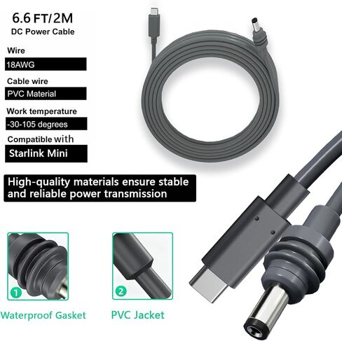 كابل Starlink Mini، سلك كابل Starlink Mini USB C إلى DC، كابل ذكر مقاوم للماء من النوع C بطول 6.6 قدم إلى كابل ذكر DC لـ Starlink Mini يعمل مع بنك طاقة PD 20 فولت 5 أمبير (100 واط) أو مصدر طاقة PD in Saudi Arabia
