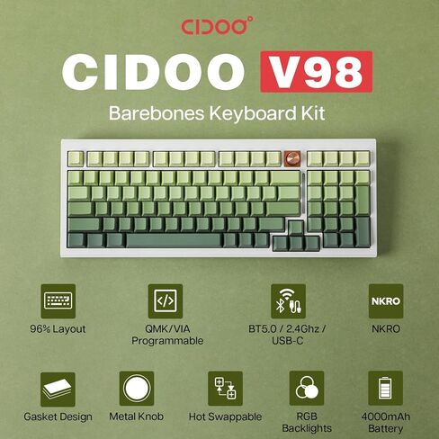 مجموعة لوحة مفاتيح الألعاب CIDOO V98 96% من الألومنيوم، مجموعة لوحة مفاتيح ميكانيكية حشية مع 5 طبقات حشوة، QMK قابلة للبرمجة، BT5.0/2.4 جيجا هرتز/USB-C مجموعة هيكلية مخصصة قابلة للتبديل السريع لـ Win/Mac in Kuwait