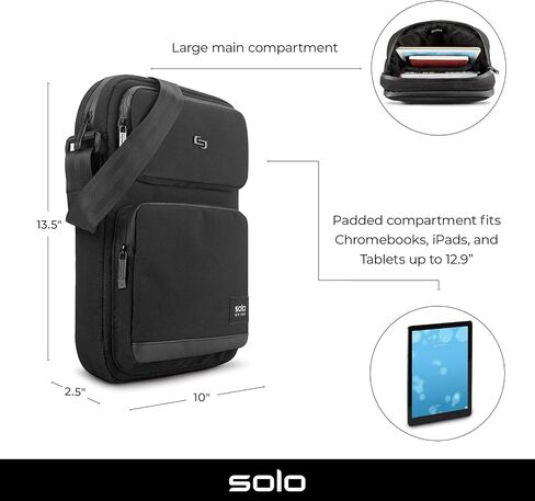 Solo New York Universal Tablet Sling Bag for Women & Men - Crossbody Bag for Travel, Walking, & Hiking, Adjustable Shoulder Strap, Front Zippered Pocket, Fits 12.9" Tablets - Ludlow, Black in Kuwait