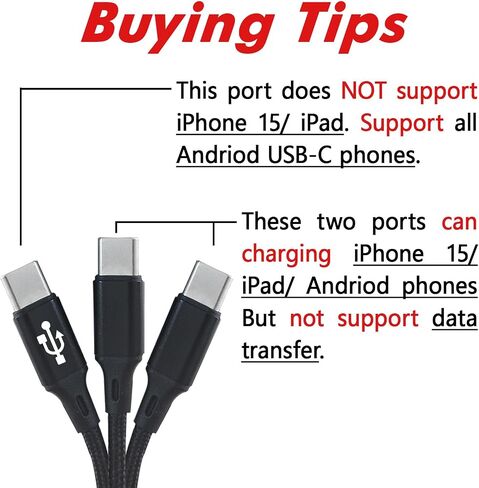【2Pack 0.6FT】 Multi USB-C Cable,3 in 1 Multiple Type C Charging,3A Splitter USB-C Charging, Black Nylon Cord,USB A to 3 USB C Port,Compatible with iPhone 15,iPad Pro/Air,Samsung S24,Google,Android in Saudi Arabia