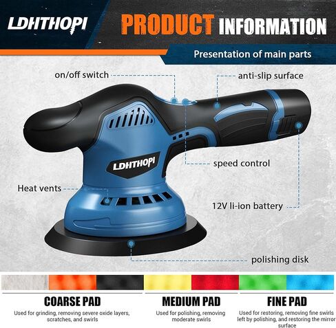 Cordless Polisher, 12V 2000mAh Battery Dual Action Polisher, 6 Variable Speeds, 3000-5000RPM for Car Detailing, for Car, Boat, Wall, Floor, DIY (2 Batteries) in Saudi Arabia