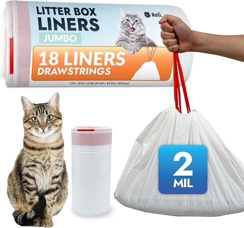 ريلي. بطانات صندوق فضلات القطط (18 قطعة)، جامبو | الرباط بطانة صندوق القمامة | أكياس فضلات القطط شديدة التحمل لصندوق الفضلات ونفايات القطط | بطانات صندوق فضلات القطط والقطط، ومقابض برباط (أبيض) in Kuwait