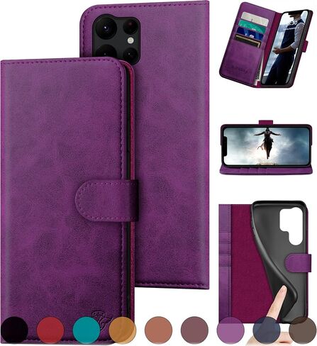 for Samsung Galaxy S23 Ultra Genuine Leather Wallet case 【RFID Blocking】【4 Credit Card Holder】【Real Leather】 Flip Folio Book Phone case Protective Cover Women Men for S23Ultra case Purple in Saudi Arabia