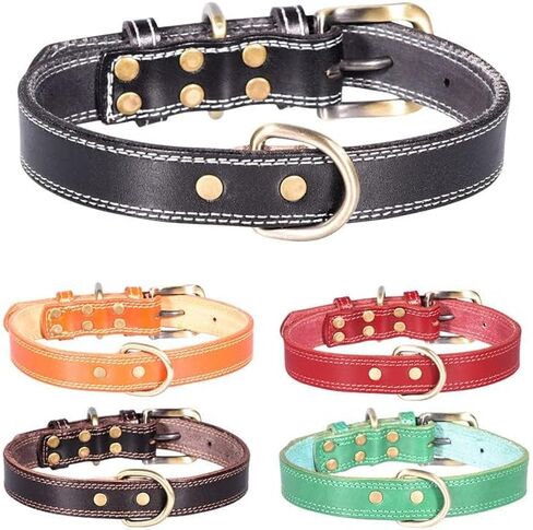 Genuine Leather Puppy Dog Collar, Basic Dog Collars, Adjustable Collars for Small Dogs (XS:21-27 cm, Green) in Saudi Arabia