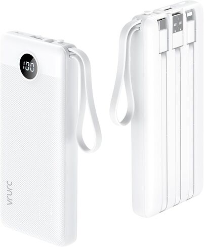 VRURC Portable Charger Built in 4 Cables, Slim Power Bank 10000mAh | Multi Devices Charging Bank with Lanyard, USB C Battery Pack for All Cell Phones, Samsung,Android-White(1 Pack) in Saudi Arabia