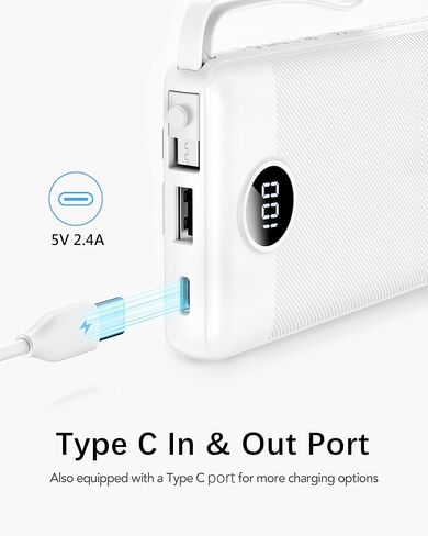 VRURC Portable Charger Built in 4 Cables, Slim Power Bank 10000mAh | Multi Devices Charging Bank with Lanyard, USB C Battery Pack for All Cell Phones, Samsung,Android-White(1 Pack) in Saudi Arabia