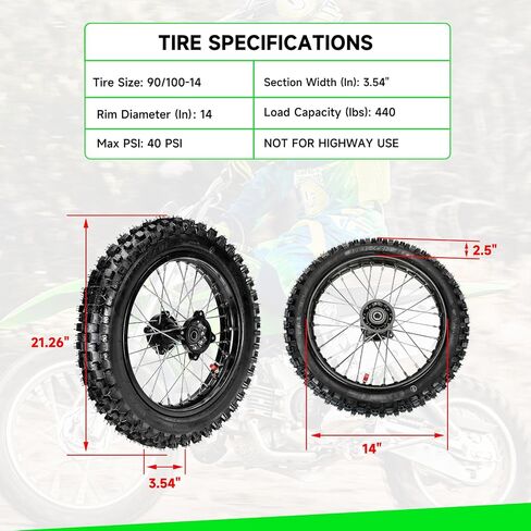 70/100-17 2.75-17 Front Wheel Tire Inner Tube Assembly for 125cc 140cc Dirt Pit Bike KLX125 KX85 TTR125 YZ85 YZ80 RM80 Taotao DB17 DB27 SR150 Apollo RFZ 125 Motorcycle Parts with 12mm Bearings in Saudi Arabia