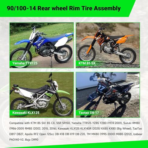 70/100-17 2.75-17 Front Wheel Tire Inner Tube Assembly for 125cc 140cc Dirt Pit Bike KLX125 KX85 TTR125 YZ85 YZ80 RM80 Taotao DB17 DB27 SR150 Apollo RFZ 125 Motorcycle Parts with 12mm Bearings in Saudi Arabia