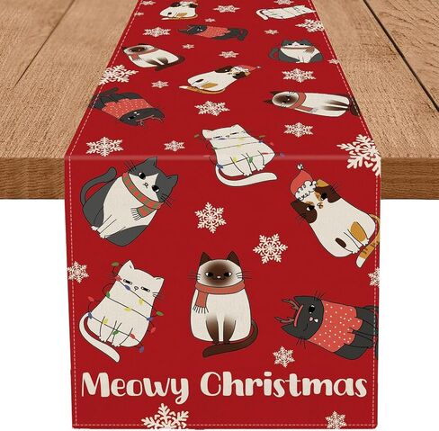 Cat Christmas Table Runner Meowy Christmas Snowflake Red Table Decoration for Winter Xmas Holiday Kitchen Dining Home Party 13x72 Inch in Saudi Arabia