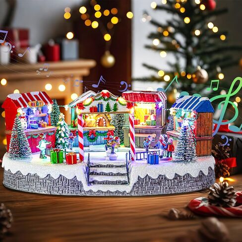 Bdor Christmas Village Lighted Decoration with Carousel, Ferris Wheel, Skaters | 11.4 x 10.4 x 7.7 Inches Animated Holiday Scene with Music & LED Lights for Indoor Home Décor in Kuwait
