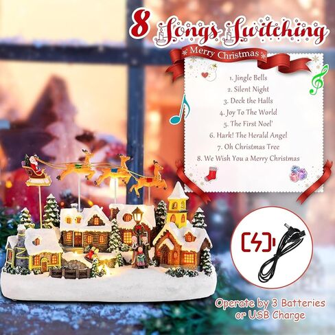 Bdor Christmas Village Lighted Decoration with Carousel, Ferris Wheel, Skaters | 11.4 x 10.4 x 7.7 Inches Animated Holiday Scene with Music & LED Lights for Indoor Home Décor in Kuwait