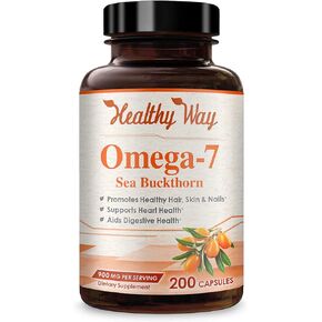 Pure Omega 7 Fatty Acids 200 Capsules 900mg Natural Sea Buckthorn Oil, NON-GMO USA Made