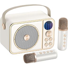 Karaoke Machine for Kids with 2 Wireless Microphones, Mini Karaoke System with 7 Voice Effects, Portable Bluetooth Speaker for Kids, Girls, Ideal for Party, Birthday, Family Meeting(White)