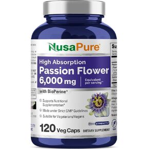 NusaPure Passion Flower 6000mg, 120 Veggie Caps, Non-GMO, Bioperine, Extract Supplement