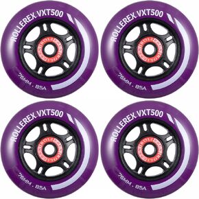 Rollerex VXT500 85A Inline Skate Wheels (4-pack w/bearings, spacers & washers) (Size & Color Options) -Indoor Outdoor- Intended for Roller Blade Wheel Replacement (76mm, Steel Black)