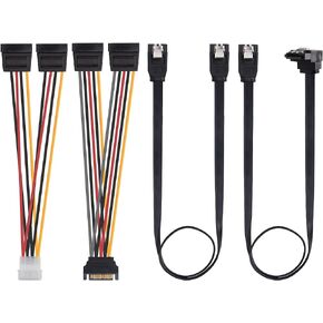Cable Matters كابل بيانات SATA III ومجموعة كابلات الطاقة SATA مع كابلات SATA III مستقيمة و90 درجة، ومحول مقسم الطاقة، ومحول موليكس باللون الأسود