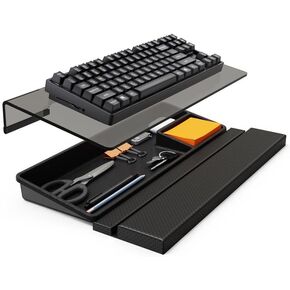 3 in 1 Keyboard Stand w/Wrist Rest and Storage Tray - Klearlook [Ultra Comfortable] PU Leather Wrist Pad & Acrylic Keyboard Riser, 16.9x7.3 inch Tilt Adjustable Computer Keyboard Stand Holder-Black