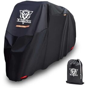 XYZCTEM Motorcycle Cover -Waterproof Outdoor Storage Bag,Made of Heavy Duty Material Fits up to 87 inch, Compatible with Harley Davison and All Motors(Black& Lockholes& Professional Windproof Strap)
