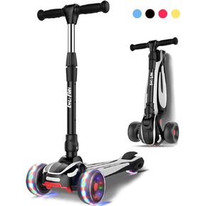 LOL-FUN Toddler Scooter for Kids Ages 3-12 Years Old Boy Girl with 3 Wheel LED Lights, Extra-Wide Childrens Foldable Kick Scooter Kids Ages 3-5 with 4 Adjustable Height and Lean-to-Steer