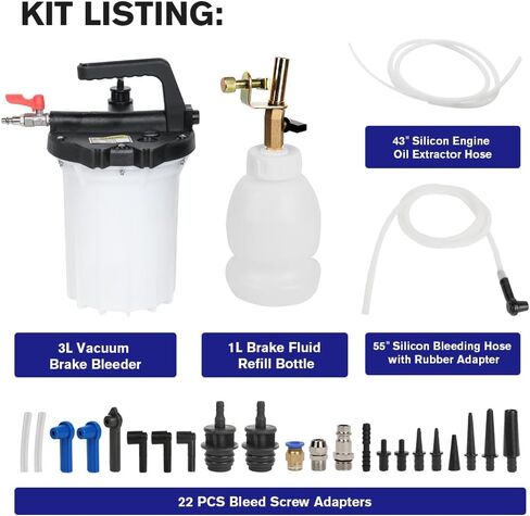 مجموعة نازف الفرامل، مضخة نازف الفرامل، مجموعة نازف الفرامل، 3 لتر مع محولات 20 قطعة وزجاجة إعادة ملء 1 لتر لجميع الموديلات المدمجة in Kuwait