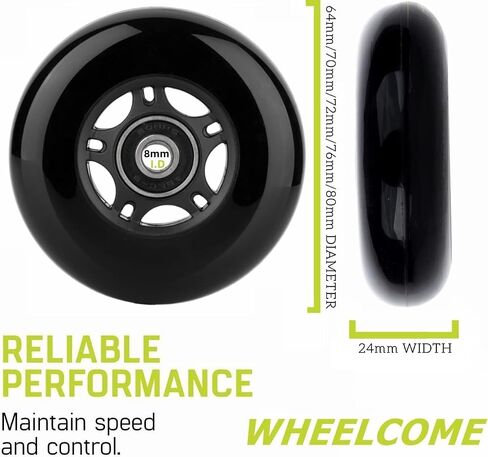 عجلات تزلج مضمنة من WHEELCOME مع محامل ABEC-9 وفواصل عائمة لشفرات زلاجات الهوكي الدوارة، 85A داخلي وخارجي، قطر 64 مم/70 مم/72 مم/76 مم/80 مم، 4 عبوات in Kuwait