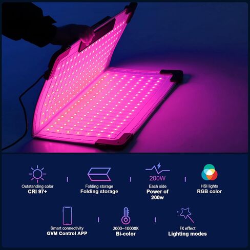 GVM 200W Flexible Led Video Light with Bluetooth Control, 360 Full Color RGB Studio Light, 2000K-10000K Foldable Photography Light with Softbox, 16 Kinds Lighting Scene, 1400pcs Led Beads in Saudi Arabia