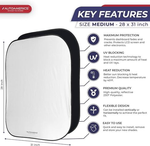 مظلة شمسية للزجاج الأمامي للسيارة مكونة من قطعتين قابلة للطي من قطعتين من Autoamerics لمعظم شاحنات السيدان وسيارات الدفع الرباعي - حاجب واقي من الشمس التلقائي يحجب الأشعة فوق البنفسجية القصوى ويحافظ على برودة سيارتك - مقاس متوسط in Kuwait
