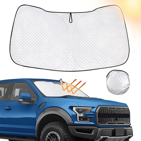 مظلة شمسية للزجاج الأمامي للسيارة تناسب فورد F-150 2015-2020، [ترقية 2024] مظلة عاكسة للنافذة الأمامية السميكة مع أكياس تخزين، حاجب من الشمس قابل للطي يحجب الحماية الداخلية من الحرارة والشمس in Kuwait