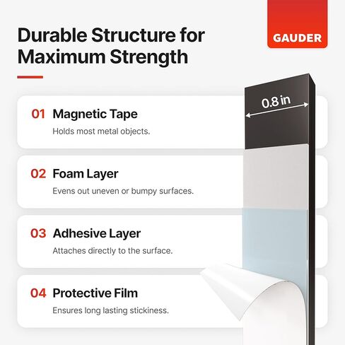 شريط مغناطيسي قوي جدًا من GAUDER | شرائط مغناطيسية ذاتية اللصق للغاية (طول 10 × عرض 0.8 × سمك 1/9 بوصة) | لفة المغناطيس in Kuwait