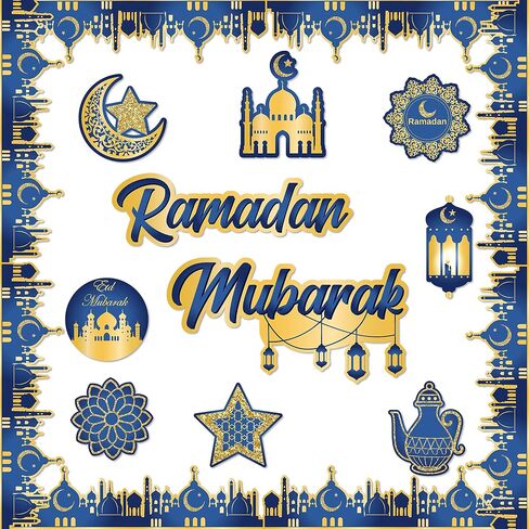 80Pcs Ramadan Mubarak Bulletin Board Set Muslim Islamic Blue Gold Star Moon Lantern Castle Cutouts Trim Borders Eid Al-Fitr Celebration Party Supplies Egyptian Holiday Classroom Home Decor in Kuwait